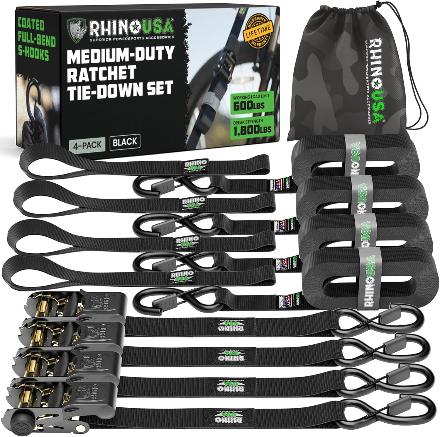 Rhino USA Ratchet Straps Tie Downs (4-Pack) - 1 Inch x 15 Feet (1,823lb Break Strength)