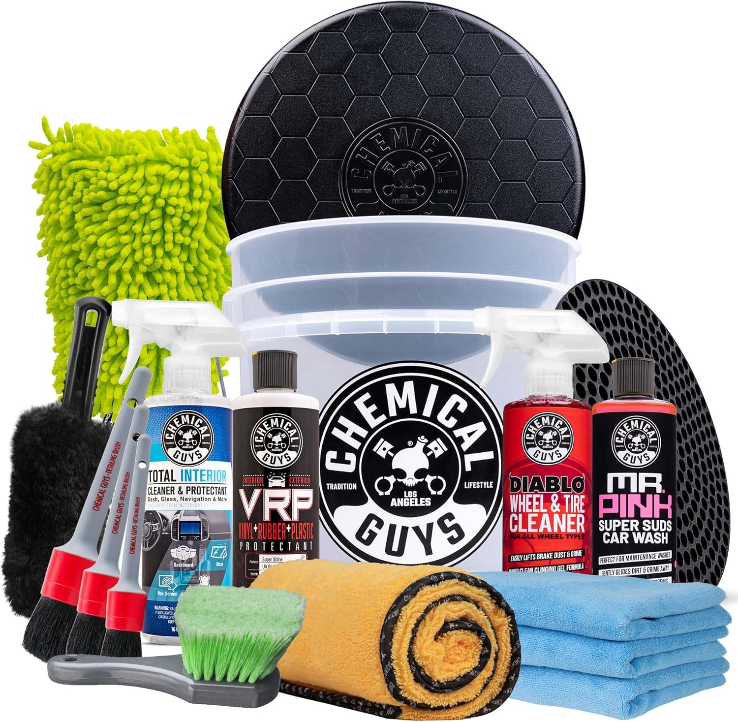 Car Detailing Kit, Car Cleaning Kit with Total Interior Cleaner & Protectant, Sprayable Wheel Cleaner, Car Wash Soap, Bucket, Brushes, and Detailing Accessories - 17 Piece Wash Kit