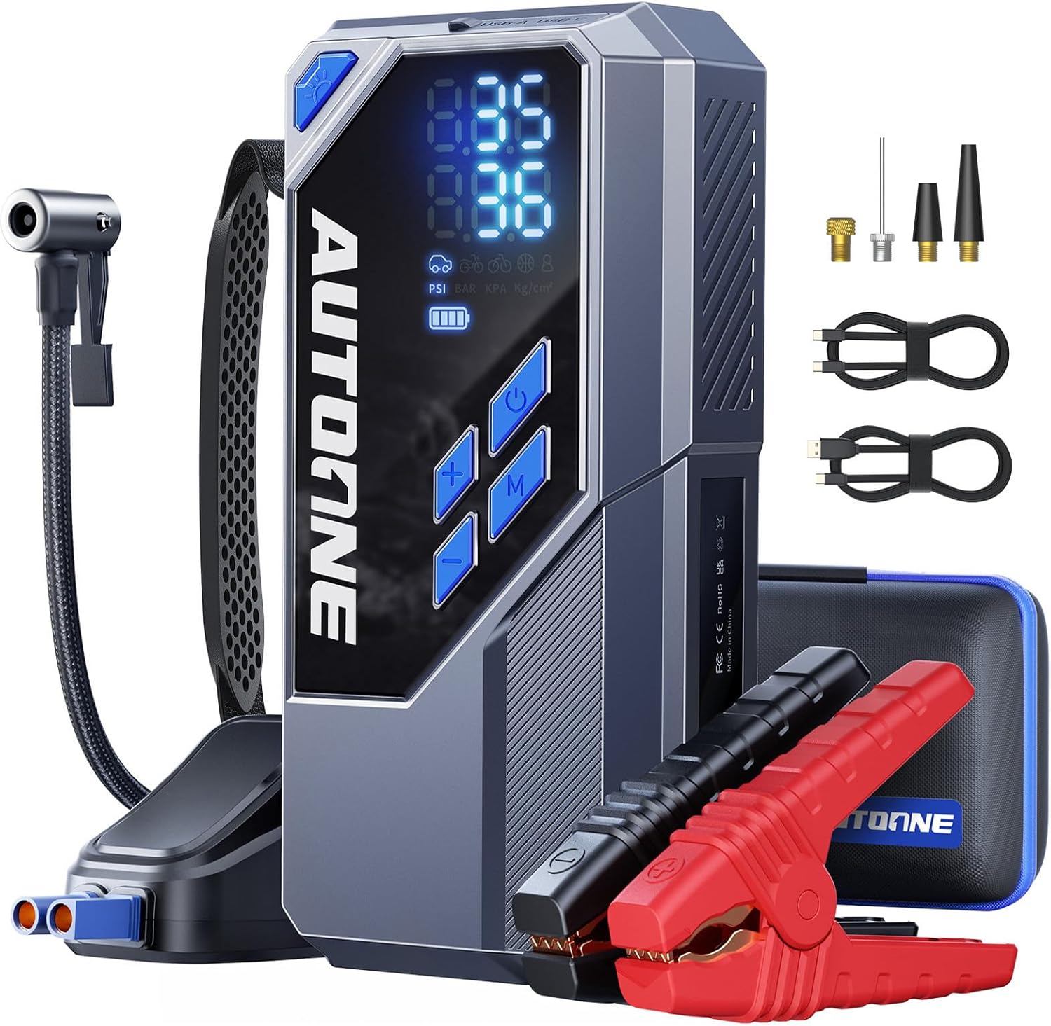 AUTOONE 10000A Jump Starter with Air Compressor, 24000mAh Jump Box with Tire Inflator (All Gas & Diesel) Portable Car Battery Booster Jumper Starter Pack, Jumper Cables, Type C, 60W Charging, Light