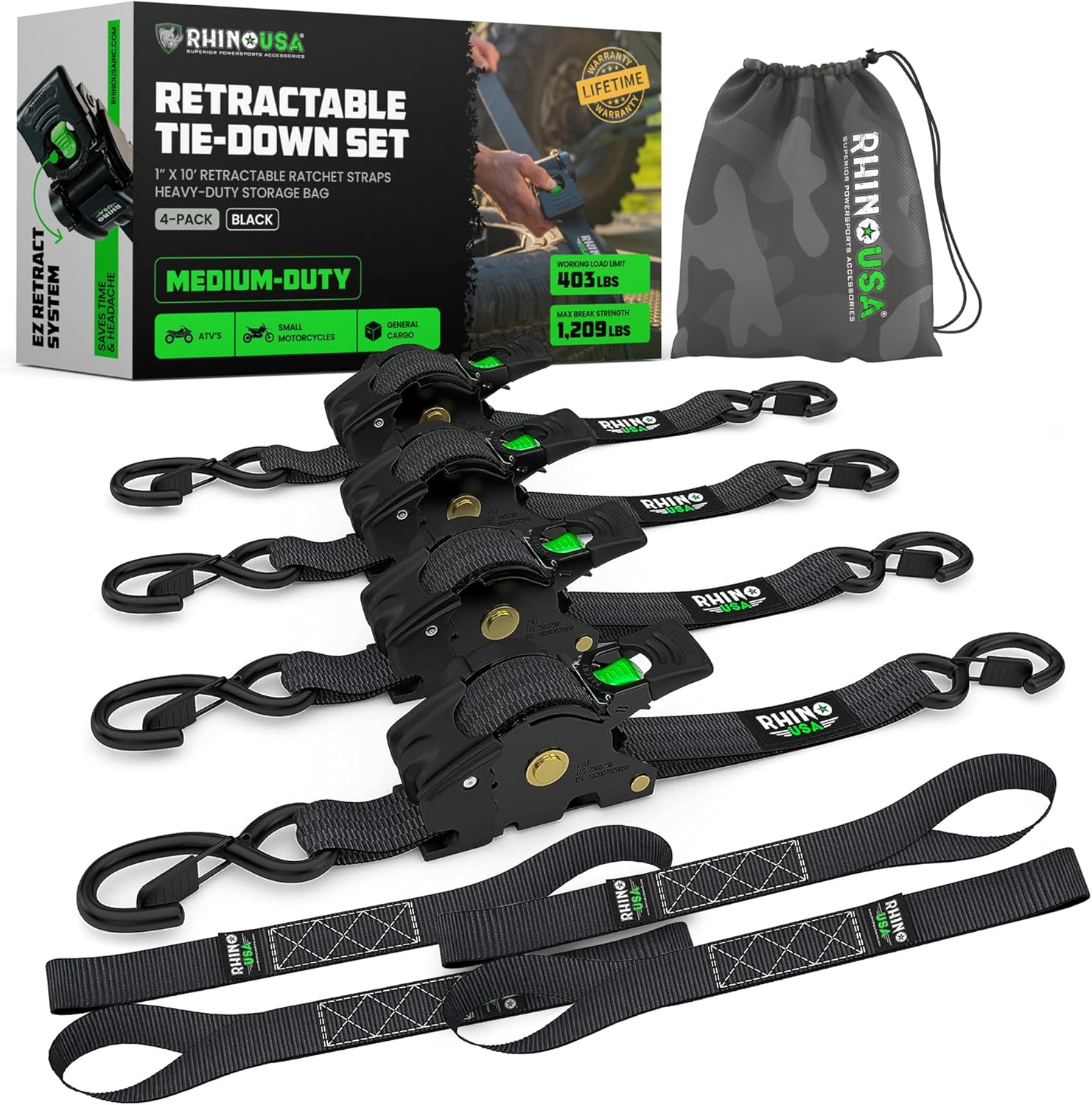 Rhino USA Retractable Ratchet Straps (4-Pack) - 1 Inch x 10 Feet (1,209lb Break Strength) - Auto Self Retracting Tie Down Straps for Truck